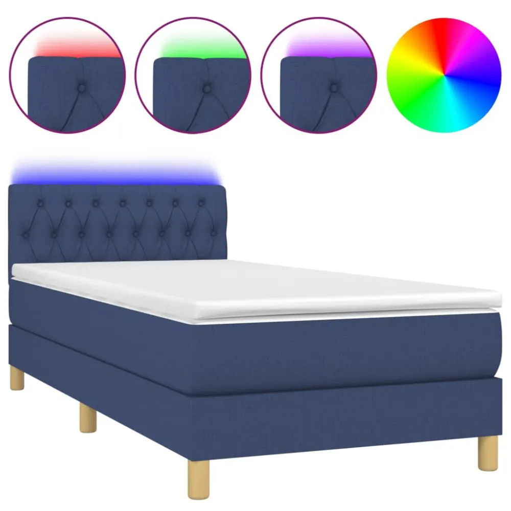 Cama box spring com colchão e LED 90x190 cm tecido azul
