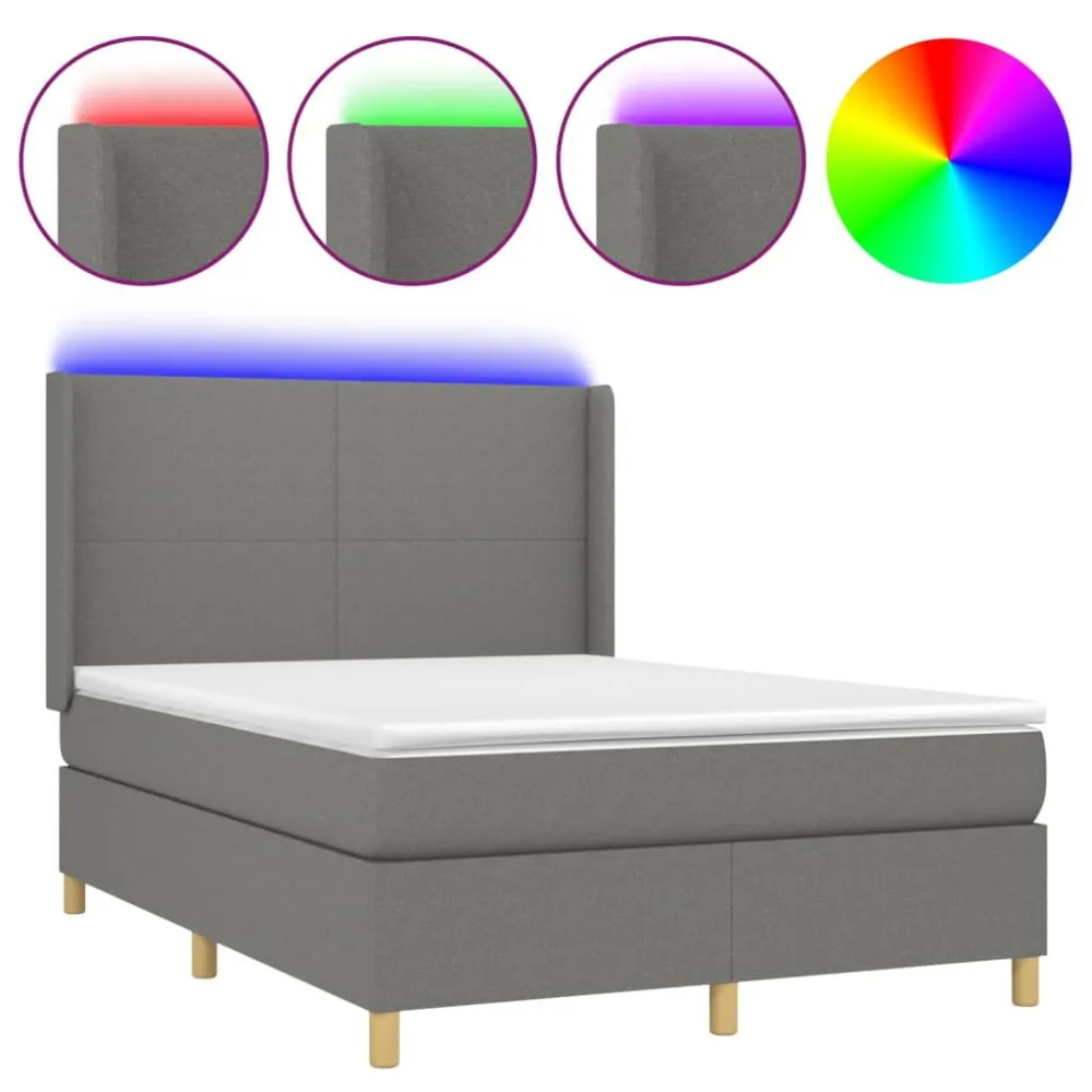 Cama box spring com colchão e LED 140x200 cm tecido cinza-escuro