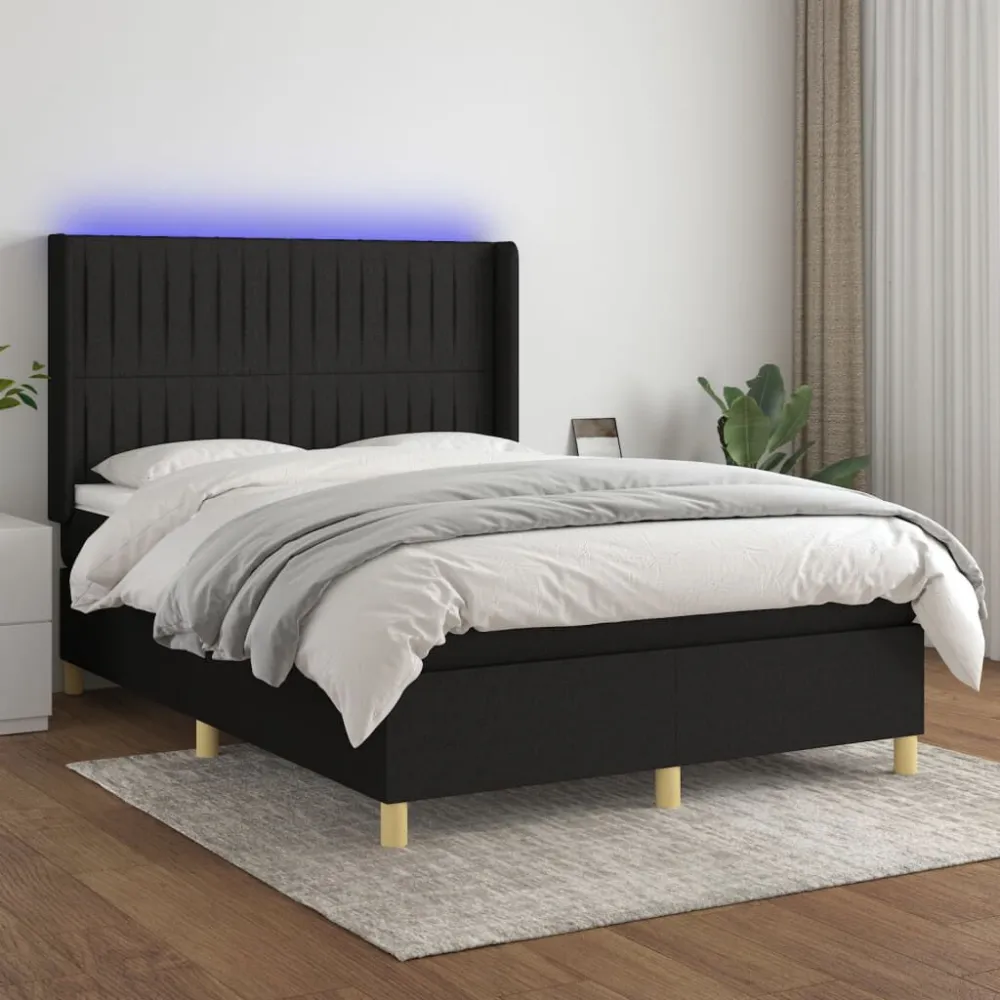 Cama box spring com colchão e LED 140x200 cm tecido preto