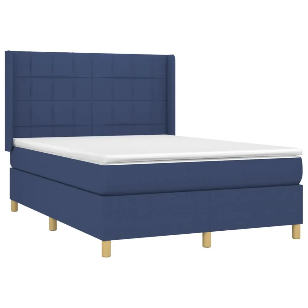 Cama box spring com colchão e LED 140x190 cm tecido azul
