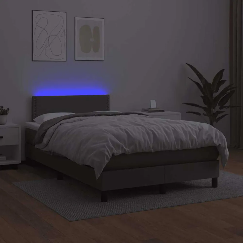 Cama box spring com colchão/LED 120x190cm couro artificial cinza