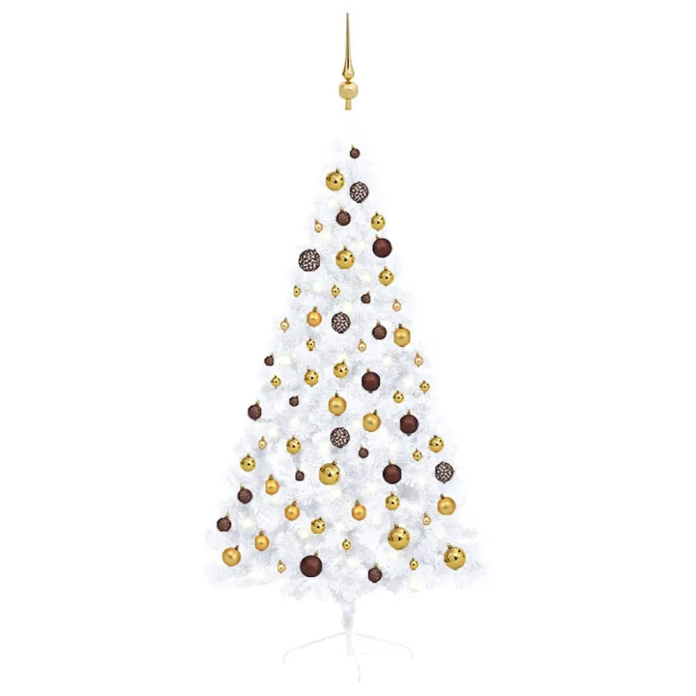 Meia árvore Natal artificial pré-iluminada com bolas branco com 6 Ganchos Inclusos
