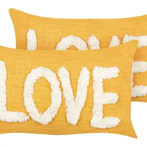 2 Cotton Cushions 30 x 50 cm Yellow LOVE