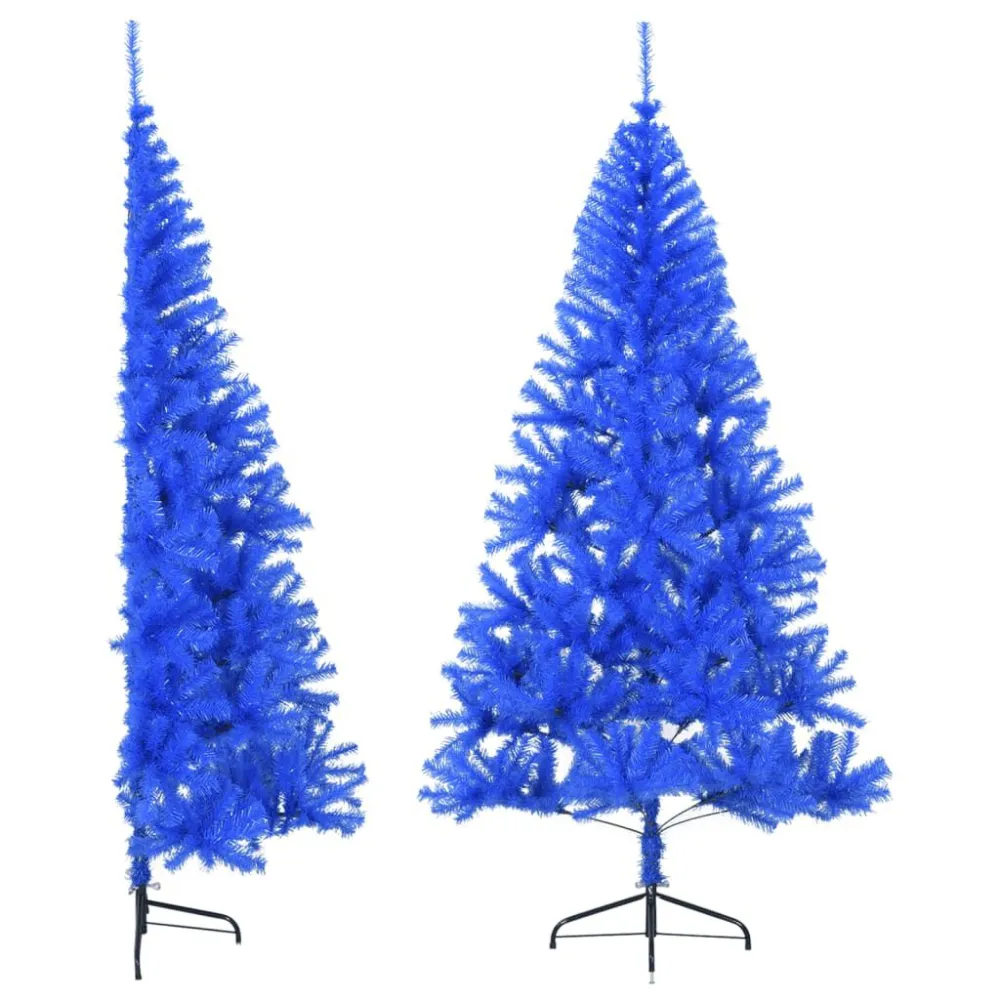 Meia árvore de Natal artificial com suporte 210 cm PVC azul Acabamento em Cetim