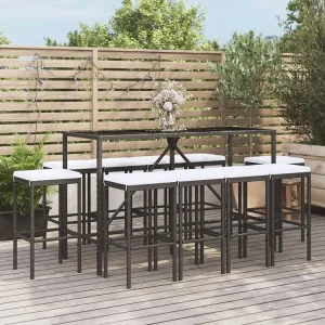11 peças conjunto de bar para jardim com almofadões vime PE preto