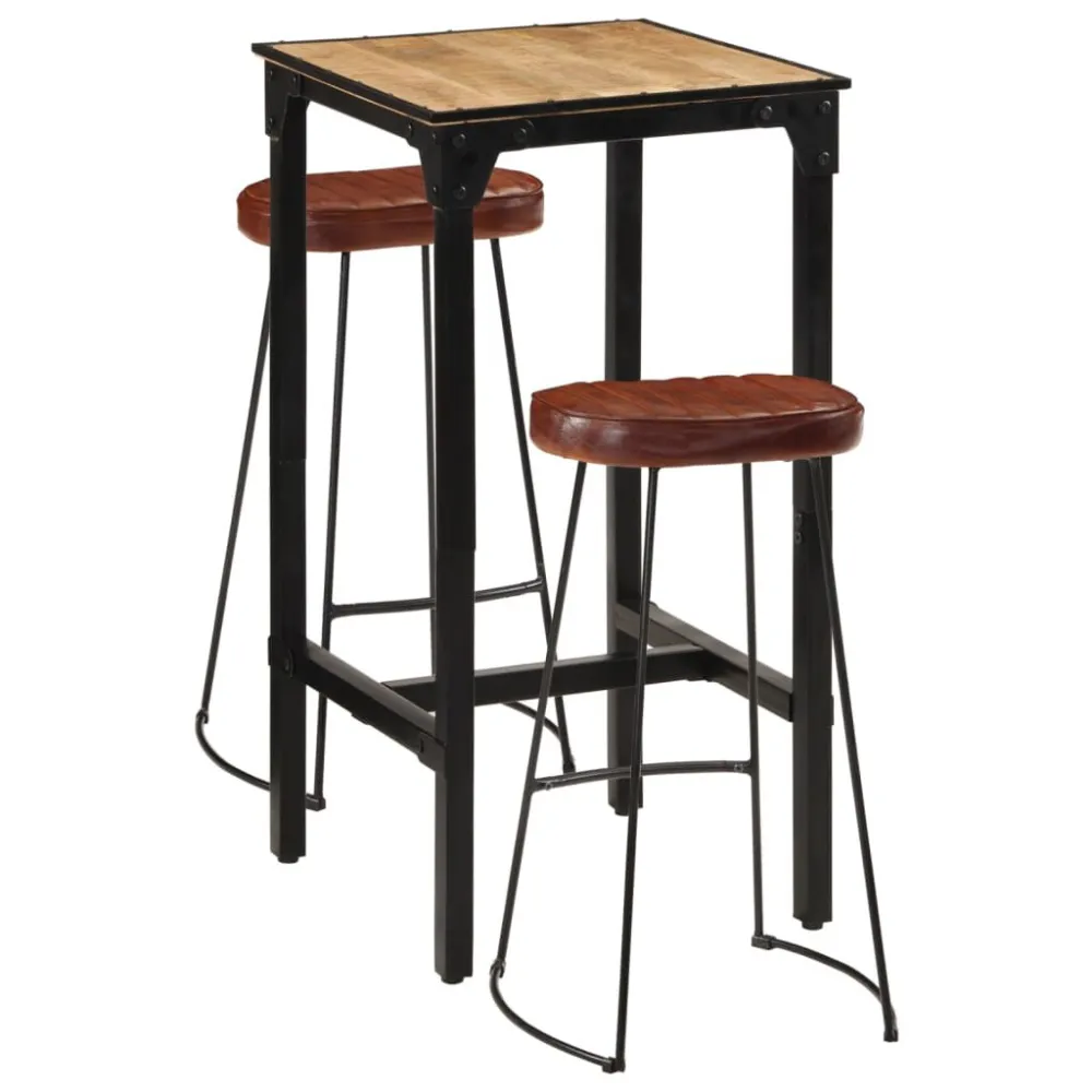 3 pcs conj. de bar madeira de mangueira áspera maciç e metálico